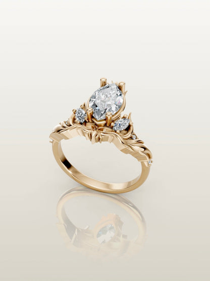 Custom marquise diamond ring inspired by flowing fire in yellow gold