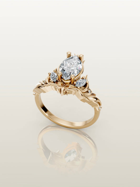Custom marquise diamond ring inspired by flowing fire in yellow gold