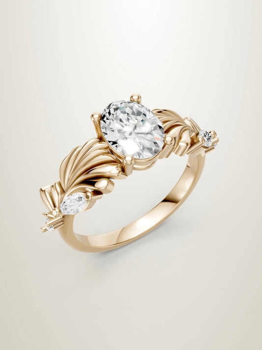 Floral inspired oval diamond ring in yellow gold