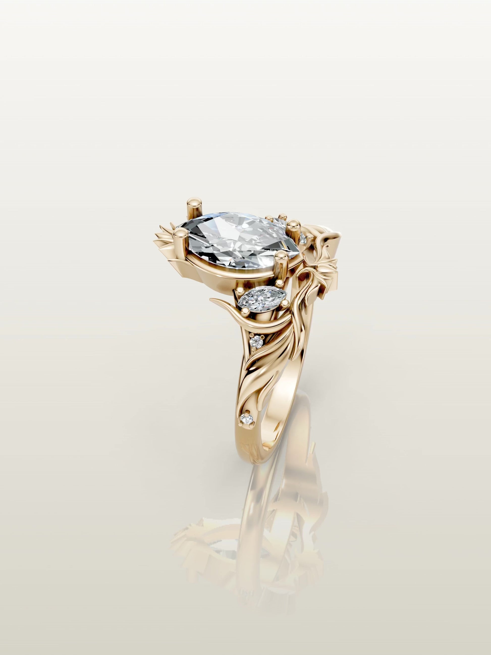 Custom marquise diamond ring inspired by flowing fire in yellow gold