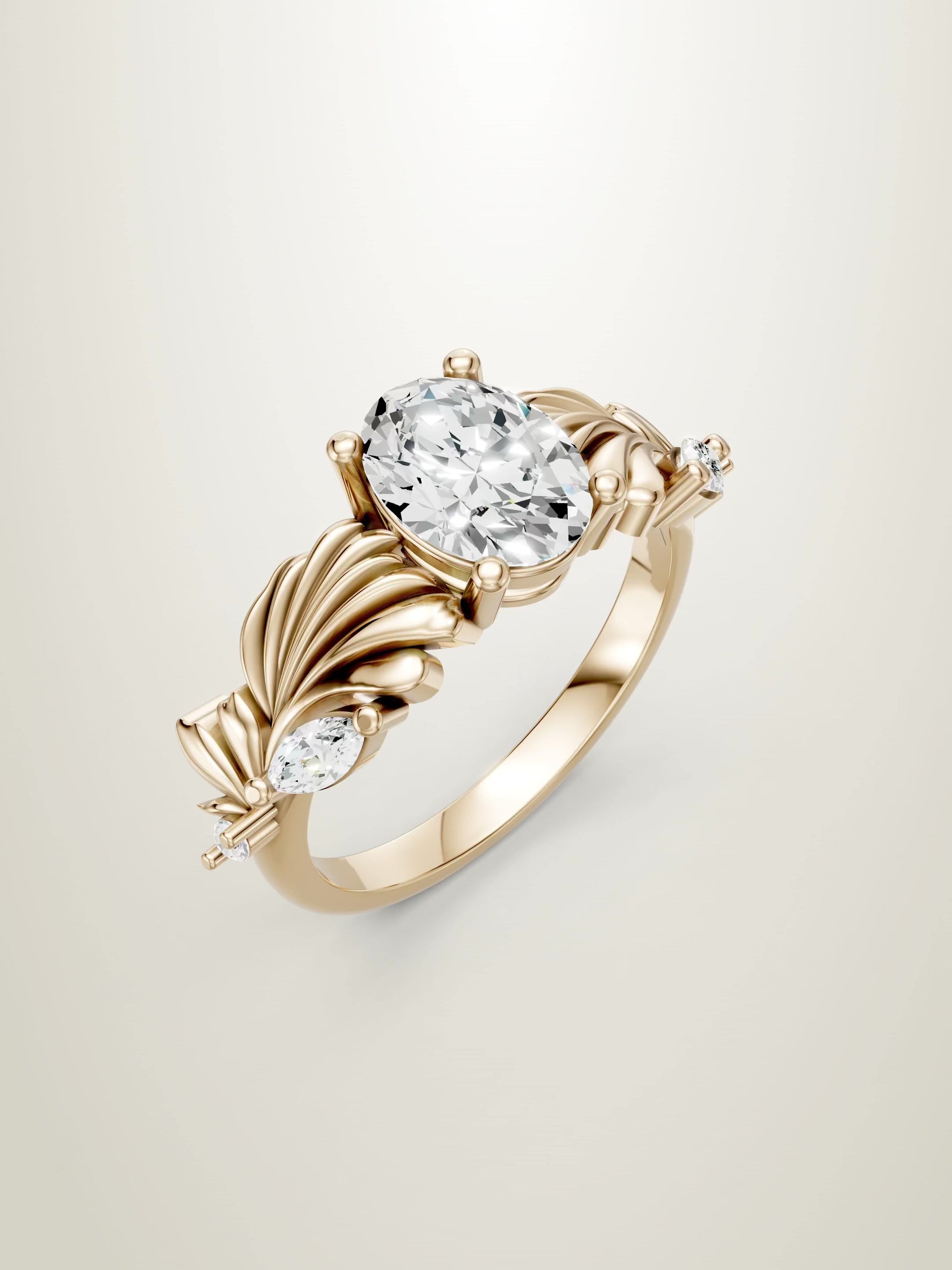 Nature inspired oval diamond ring with blooming petal details