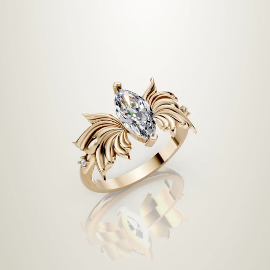 Nature inspired marquise diamond ring with butterfly wings